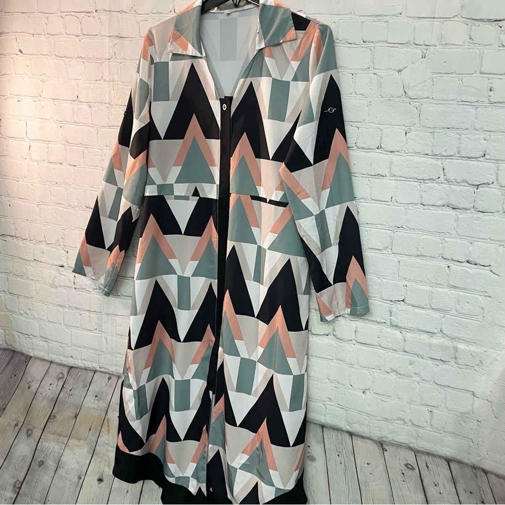 Geometric Chevron Maxi Shirt Dress Long Button Front Jacket Black Sage Peach - Picture 3 of 9